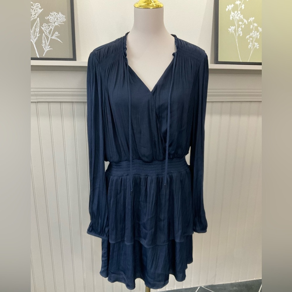 Socialite Navy Blue Long Sleeve Tiered Dress Smocked Waist NWT